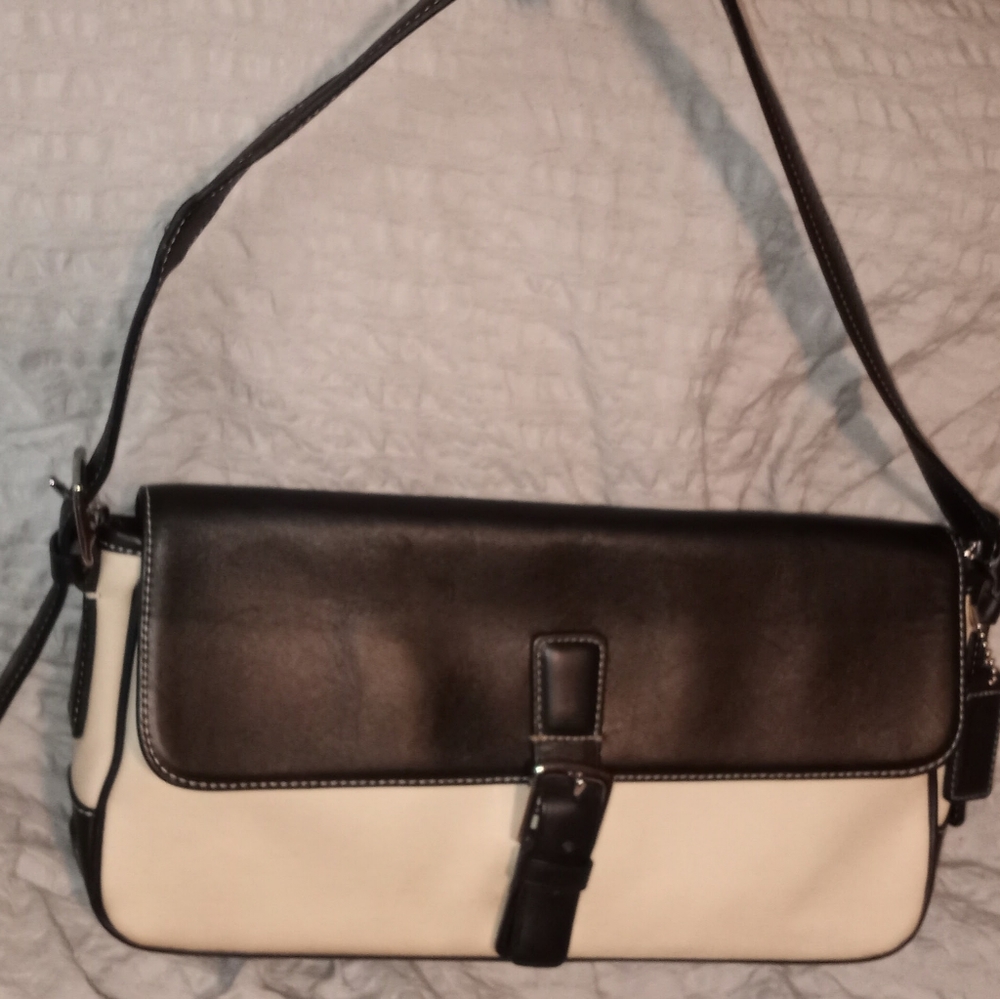 Coach 7702 semi shoulder black leather off white canvas purse